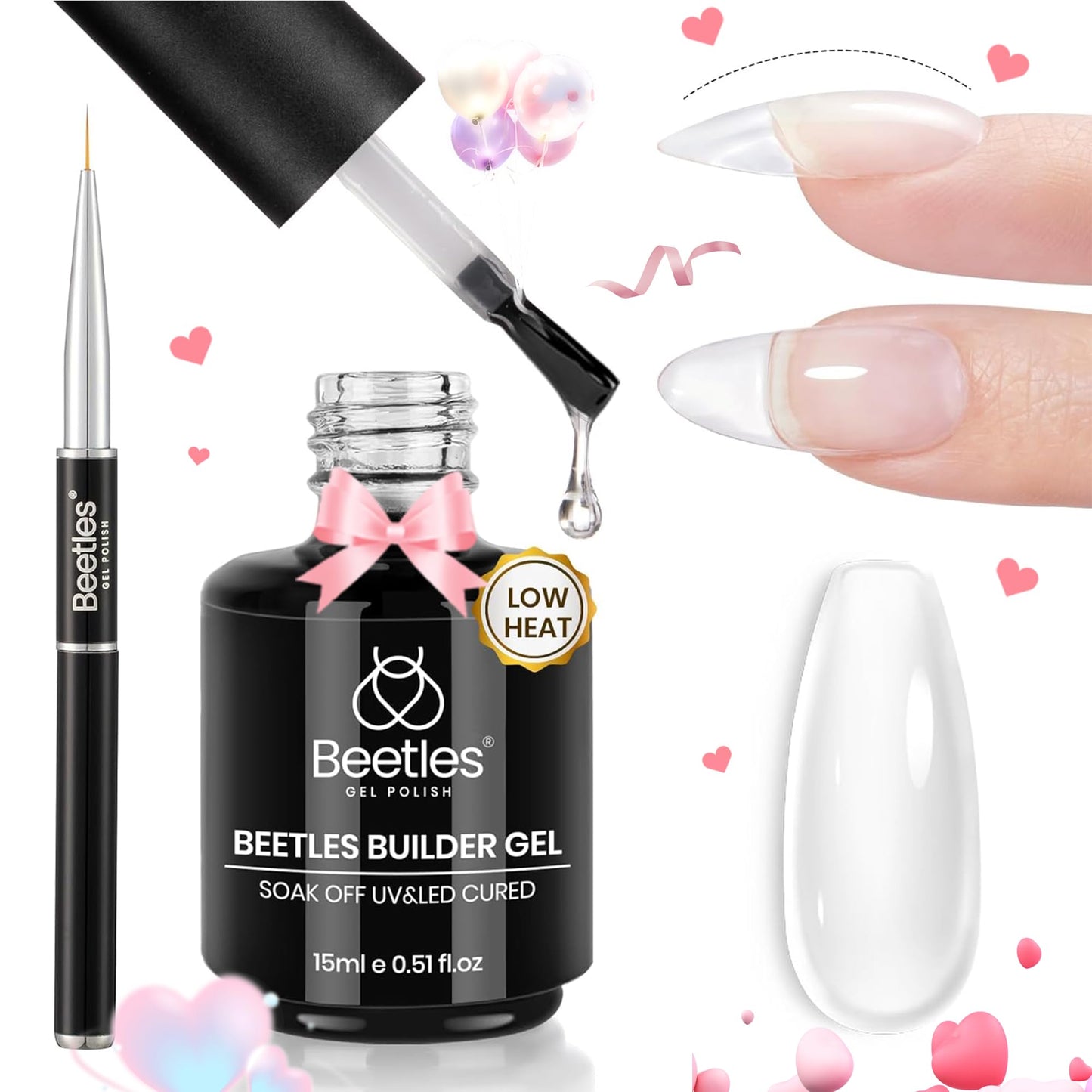 Beetles Builder Gel for Nails: 15ml Gel Polish Low Heat Clear 7 in 1 Builder Strengthener Gel with Detachable Liner Nail Brush for Structure Gel and Nails Art Design Valentines Day Gifts for Her
