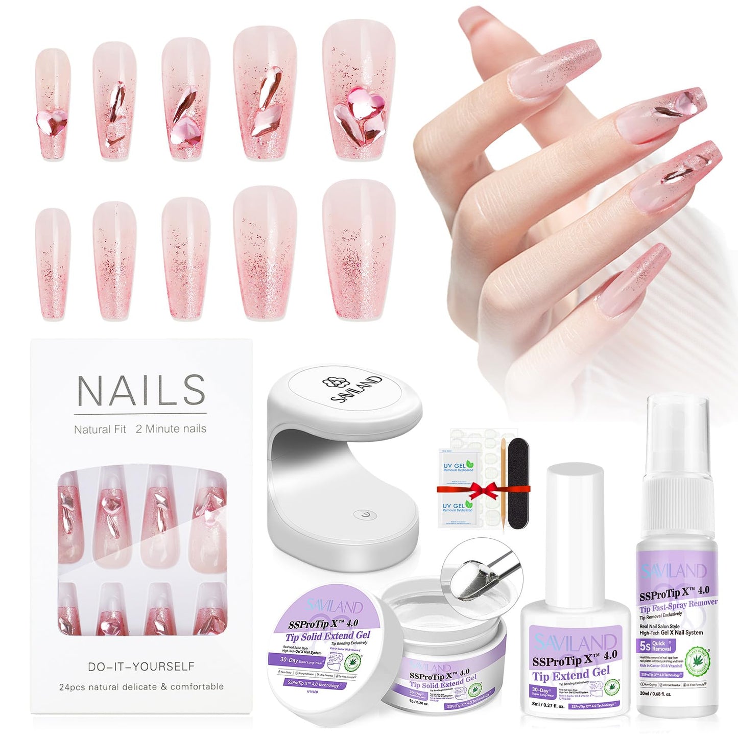 SAVILAND Press On Nails Starter Kit: U V Cured Long-Wear Press Ons Gel X Nails GEL Nail Glue False Nails Thick Press On Fake Nails Nail Light Acrylic Nails Easy Nail Home Gift Kit